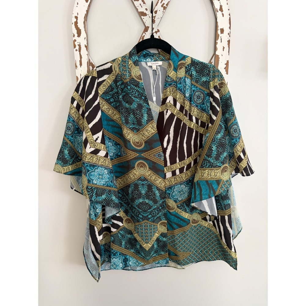Tyler Boe Athena printed blouse animal and abstract print flutter sleeves size L